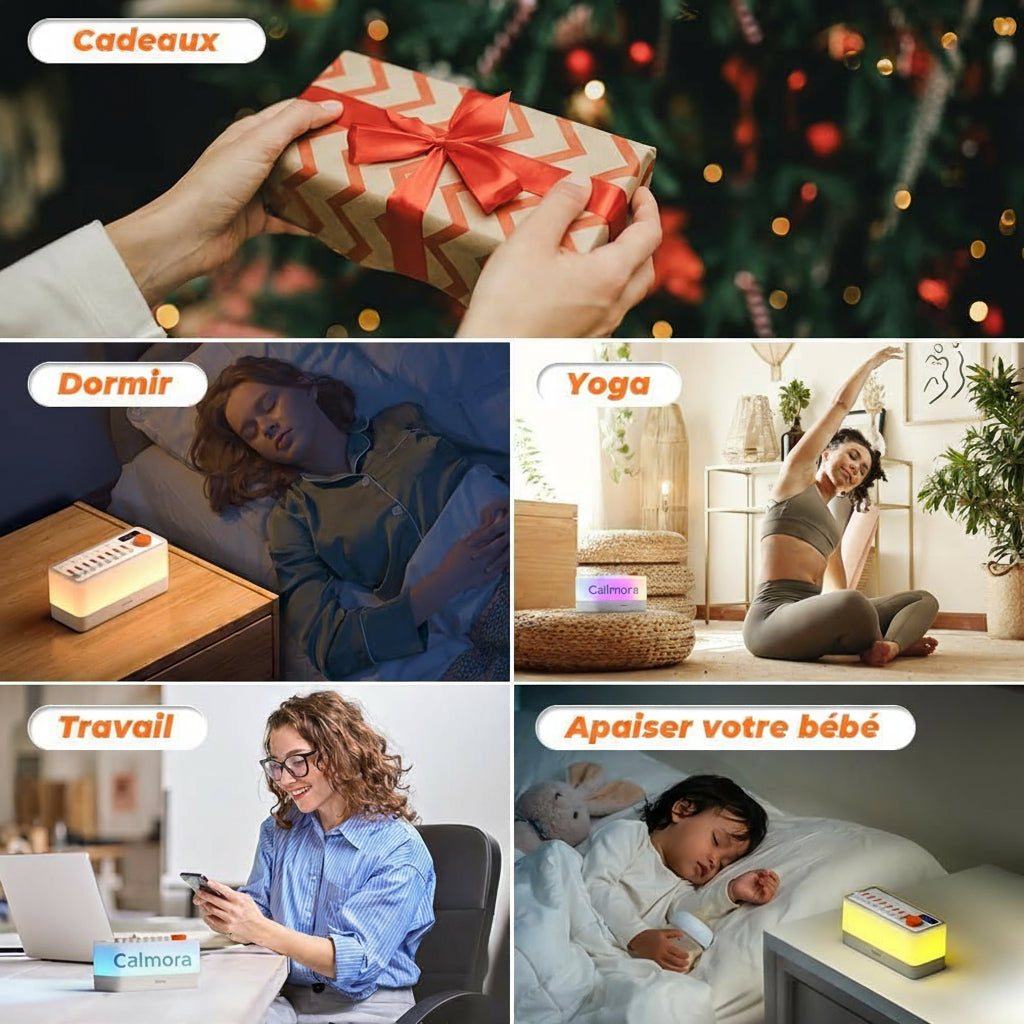 Calmora 3-en-1 – Sons naturels, veilleuse, timer