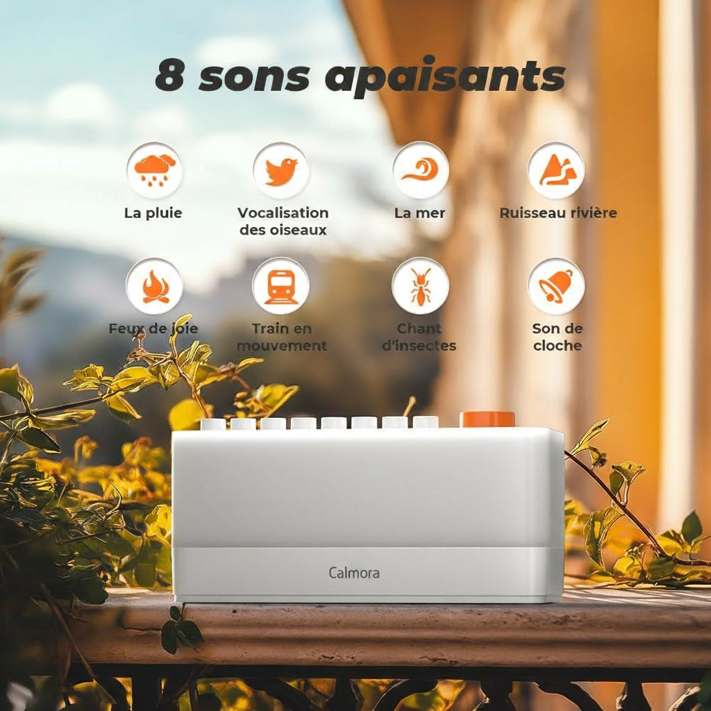 Calmora 3-en-1 – Sons naturels, veilleuse, timer
