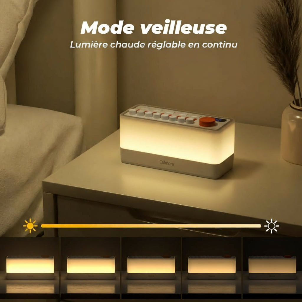Calmora 3-en-1 – Sons naturels, veilleuse, timer